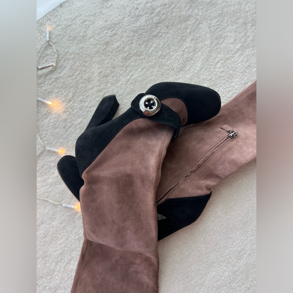Prada Runway Knee High Suede Blush Pink Black High Heels Sock Boot Trompe L'oeil - Picture 12 of 14